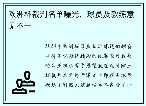 欧洲杯裁判名单曝光，球员及教练意见不一