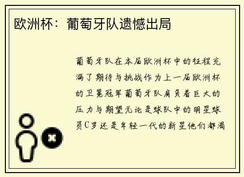 欧洲杯：葡萄牙队遗憾出局